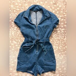 Denim Zip-Front Short Sleeve Jumpsuit with Belt